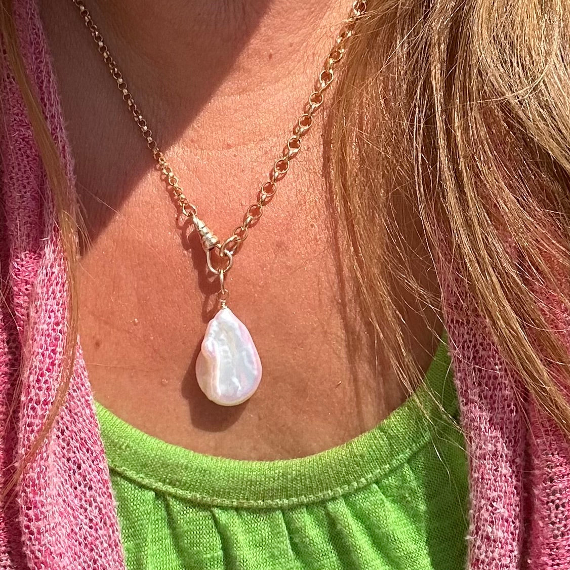 Luminous Large Baroque Pearl Charm on Mixed Belcher Chain