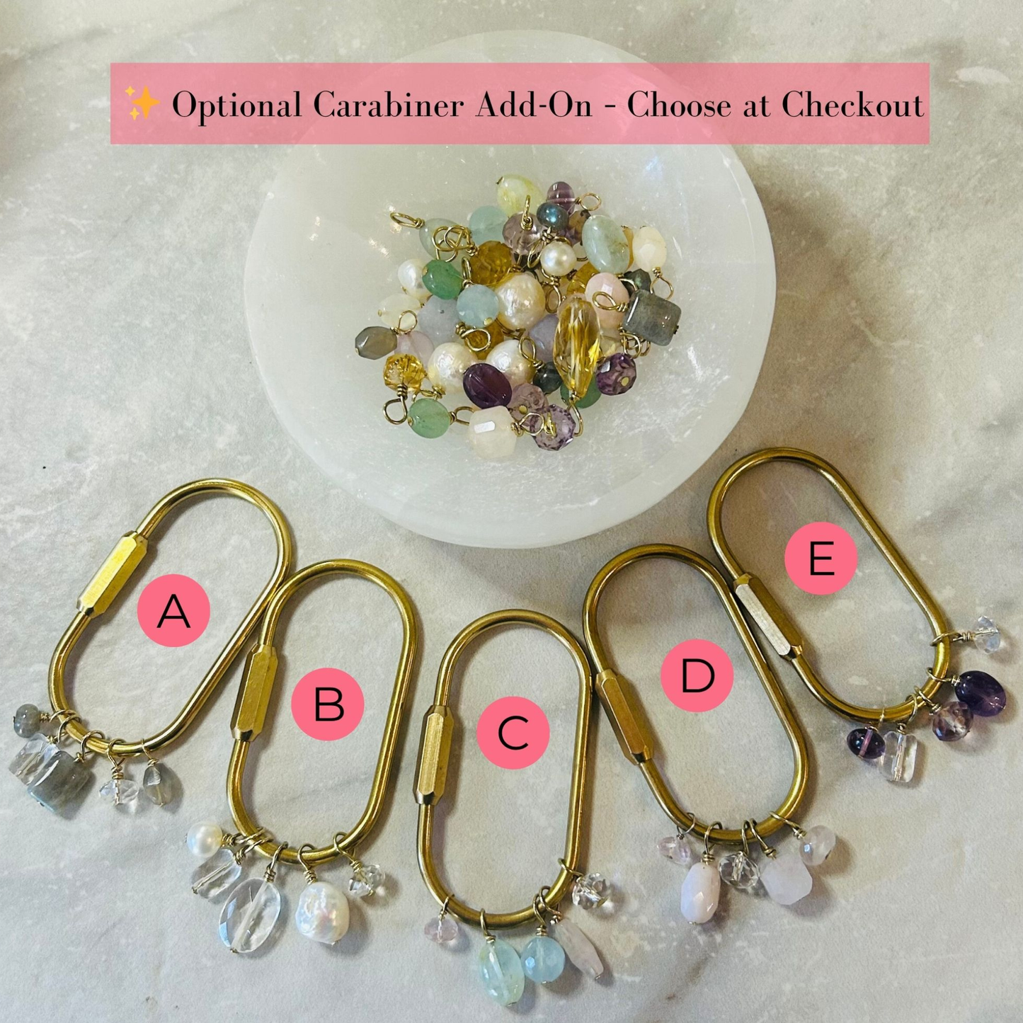 Brass  carabiners adorned with gemstones