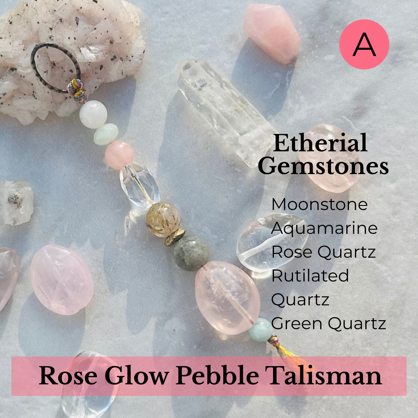 Boho rose quartz gemstone charm for heart chakra wellness.