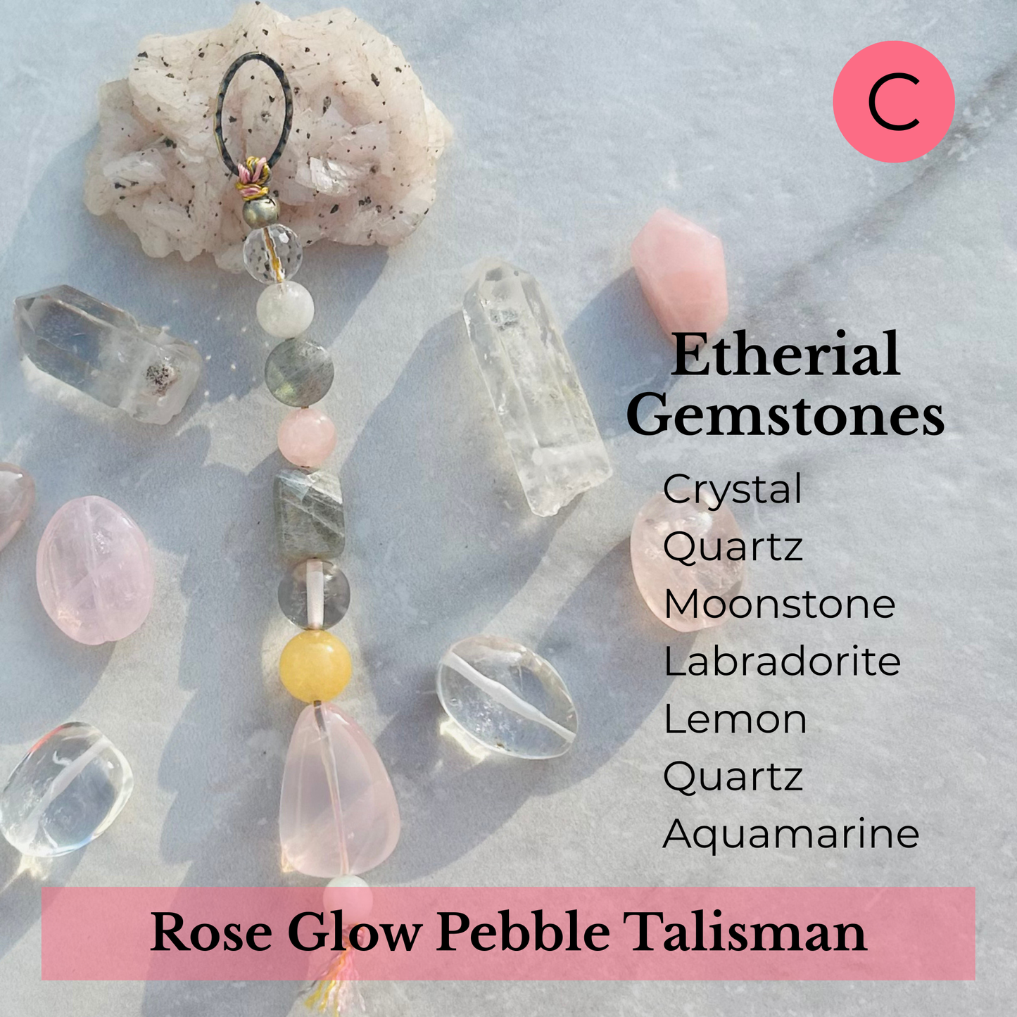 Rose Glow Pebble Talisman with crystal gemstones for compassion and peace.
