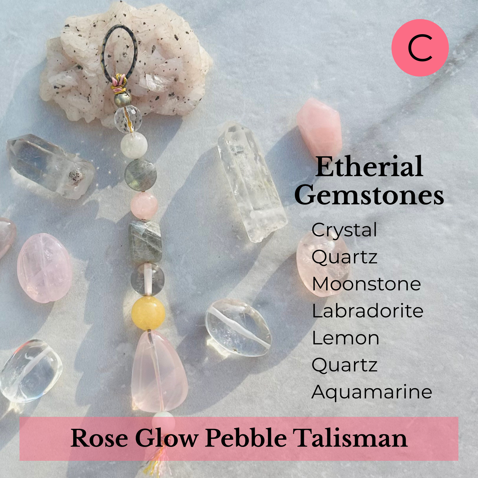 Rose Glow Pebble Talisman with crystal gemstones for compassion and peace.