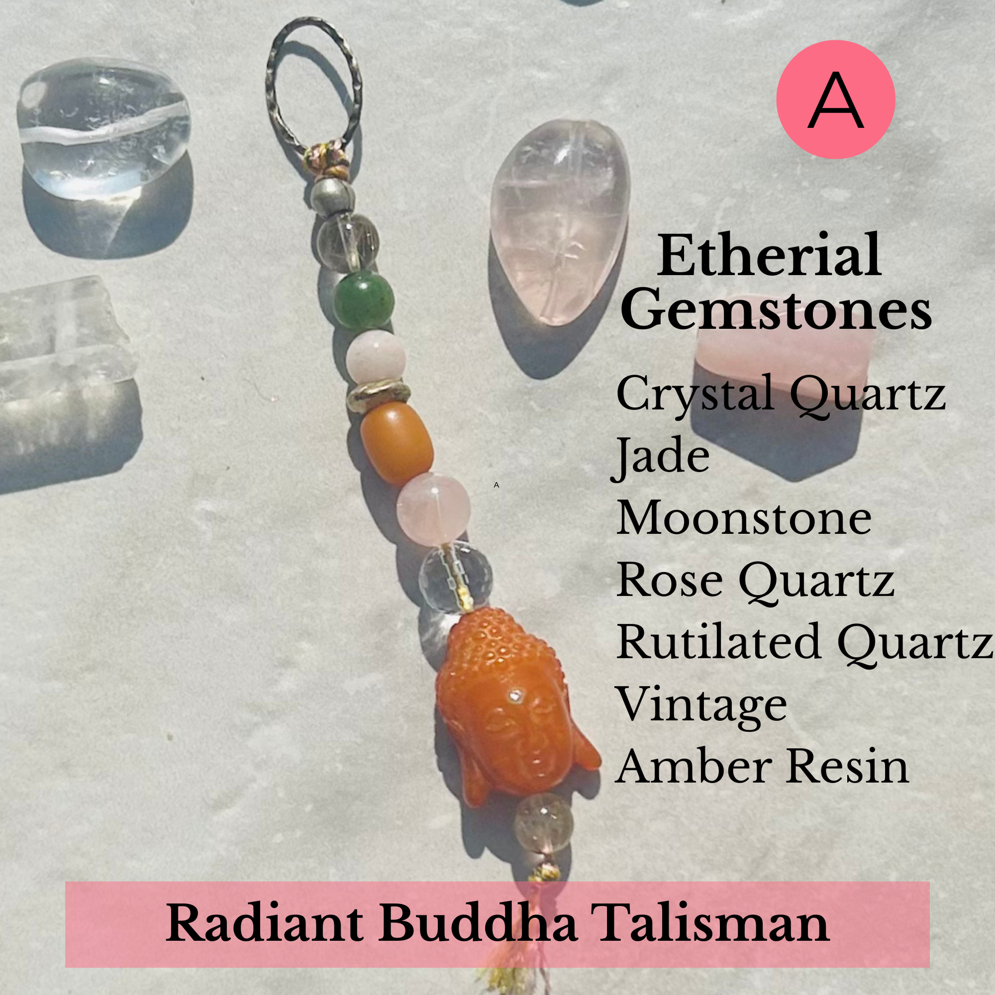 Radiant Buddha Talisman with gemstones crystal quartz, jade, moonstone, rose quartz, rutilated quartz, vintage amber resin