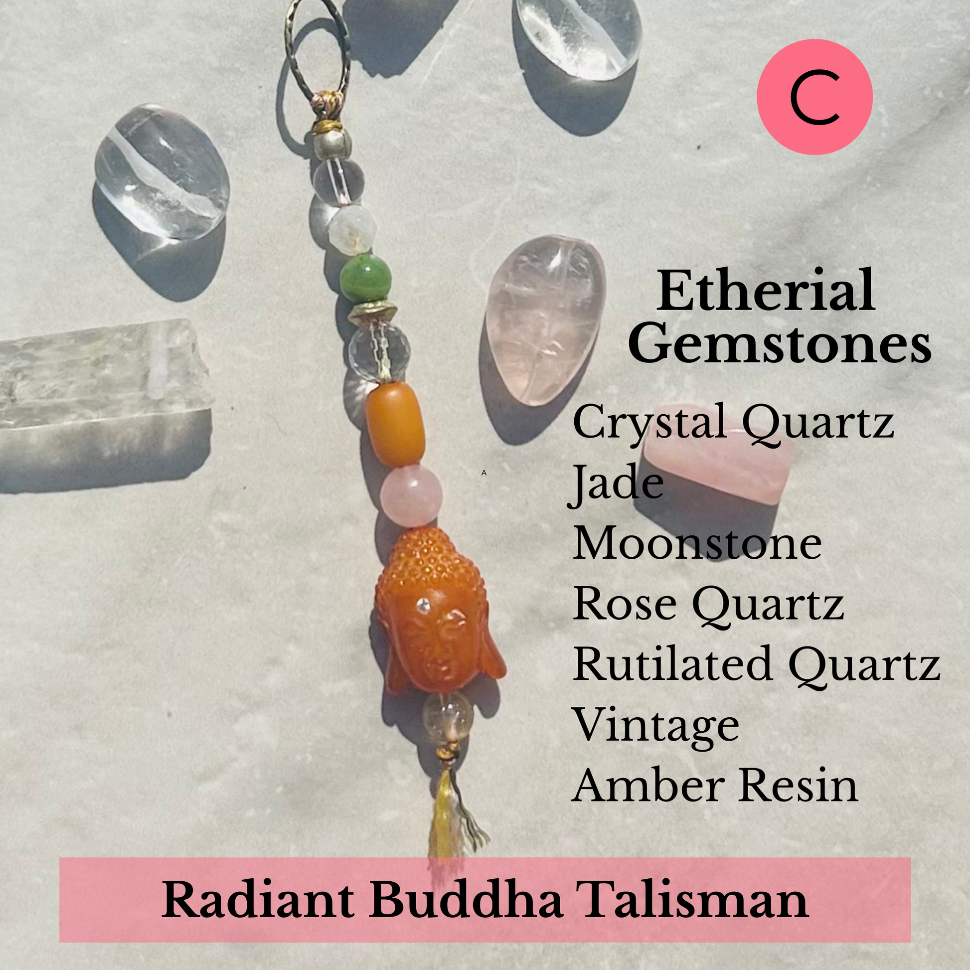 Boho Buddha Talisman Bag Charm with natural gemstones crystal quartz, moonstone, rose quartz, moissanite