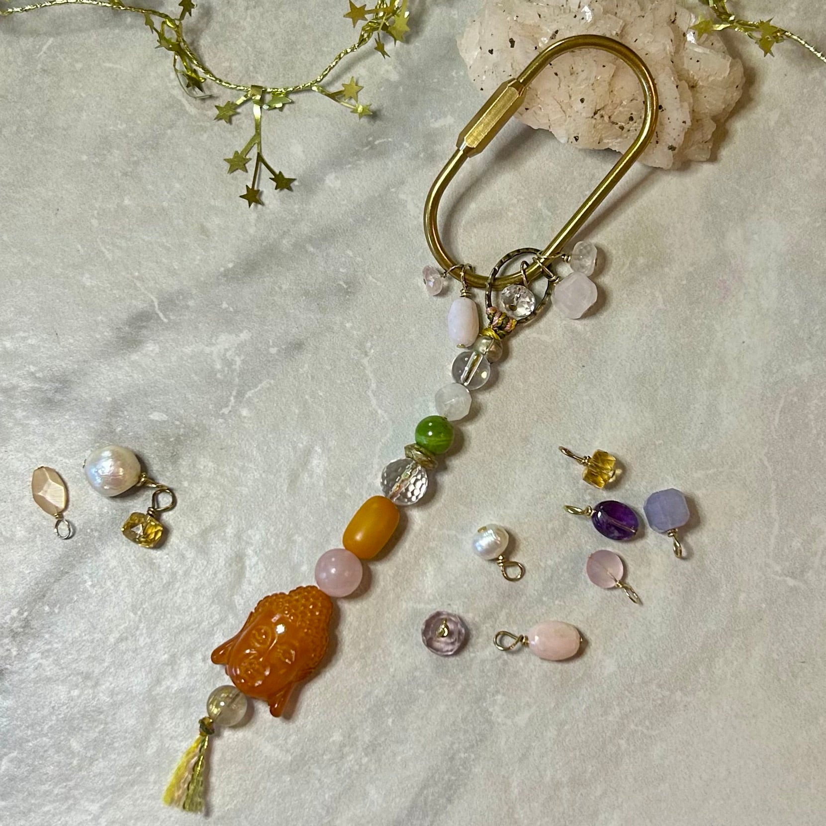 Boho Buddha Talisman Bag Charm with natural gemstones on brass carabiner with gemstone accents.
