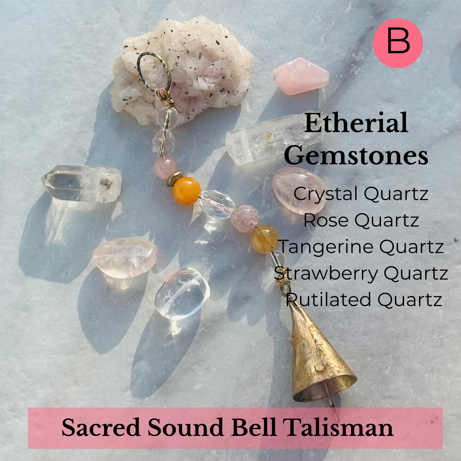 spiritual bell charm with gemstone accents rose quartz, quartz, rutilated quartz

