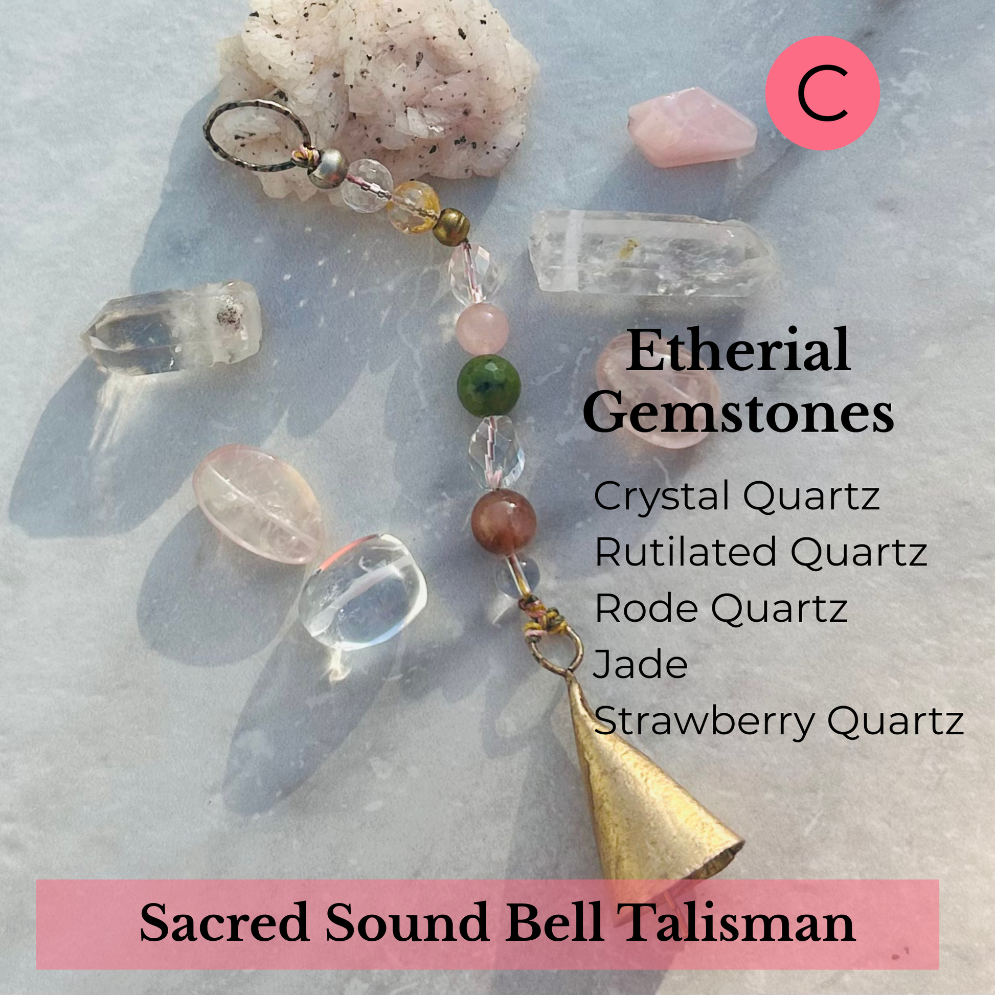 spiritual bell charm with gemstone accents with jade, strawberry quartz, rutilated quartz, rose quartz
