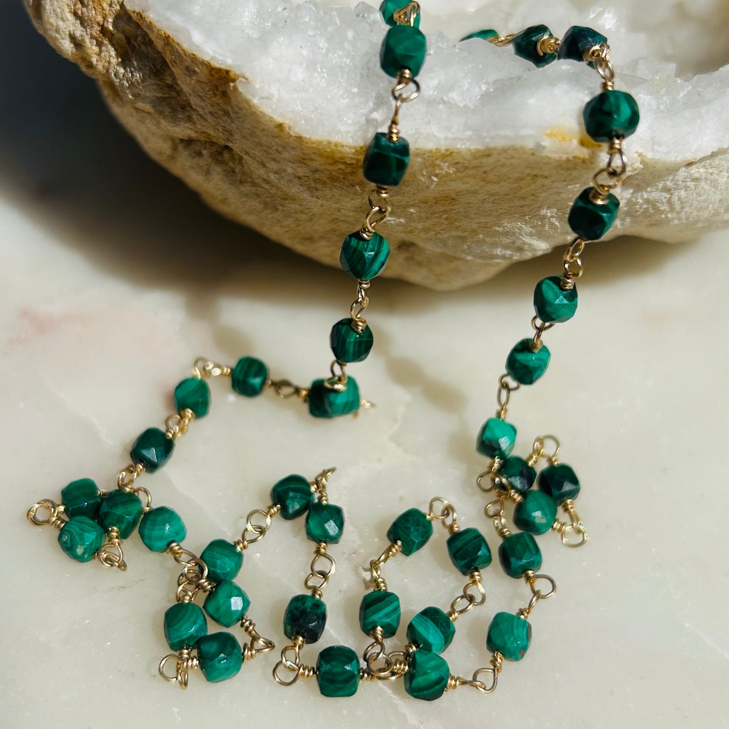 Gemstone Rosary Necklace ~ Malachite Cubes