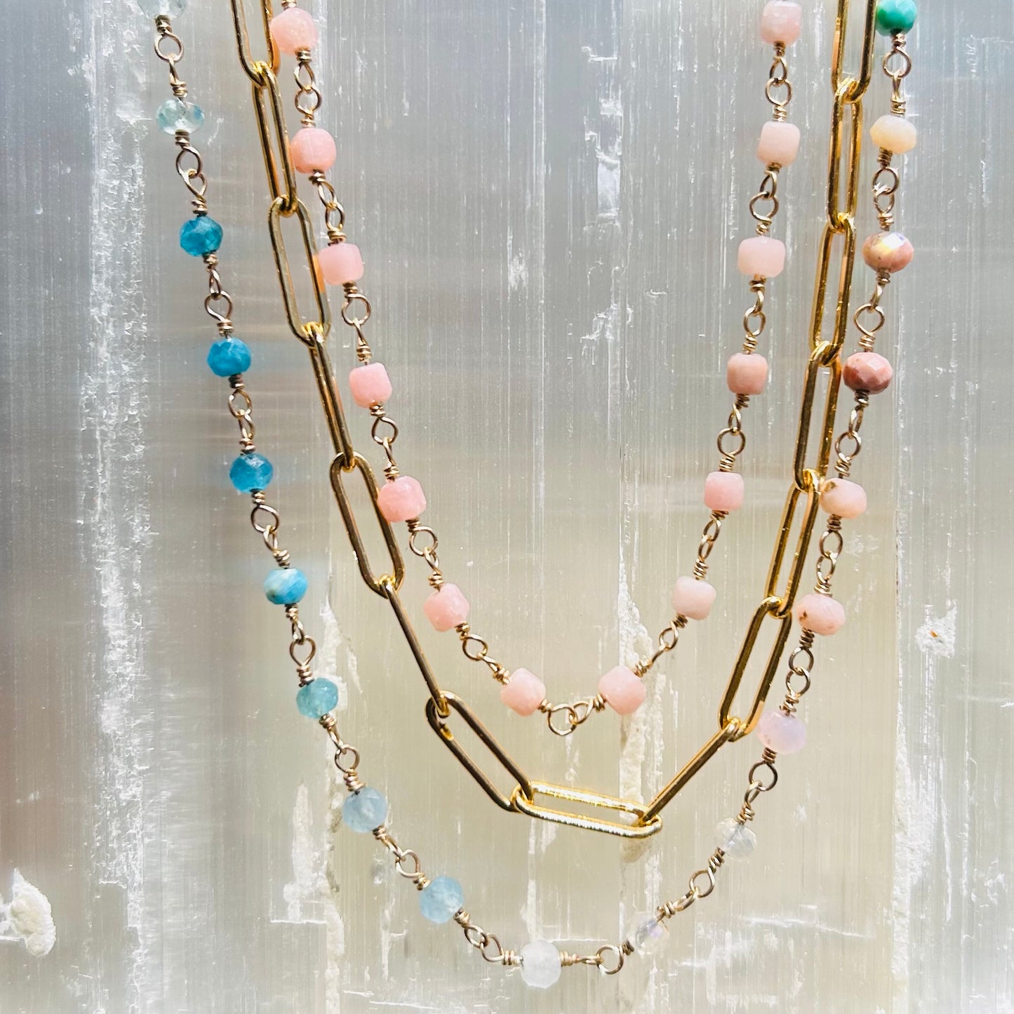 Gemstone Rosary Necklace ~ Pink Peruvian Opal Cubes