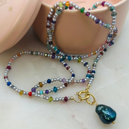 Grey Pearl & Gemstone  Boheme Necklace