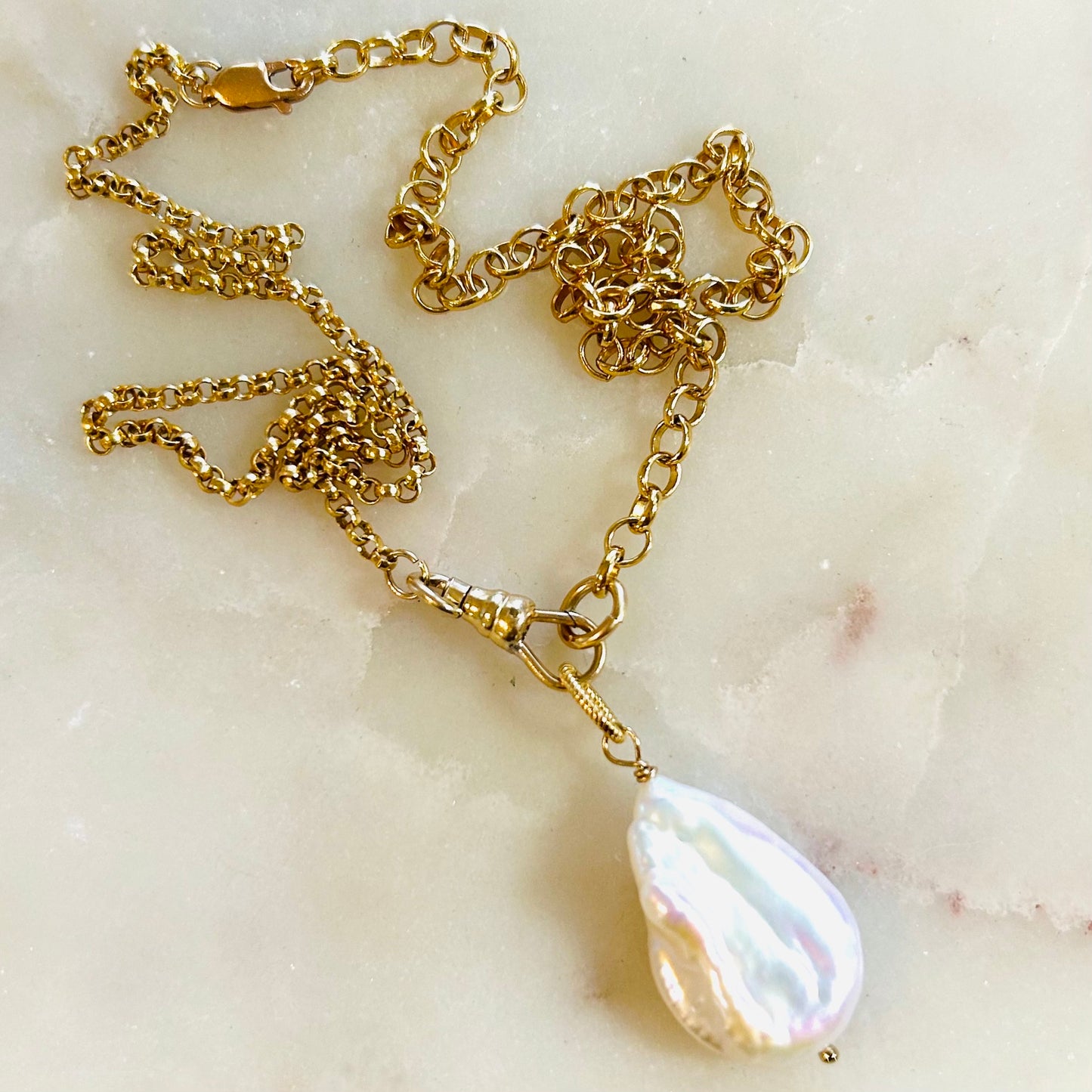 Luminous Large Baroque Pearl Charm on Mixed Belcher Chain